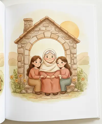 Noemi sentada à porta de uma casa de pedra com duas jovens ao seu lado, num fim de tarde suave.