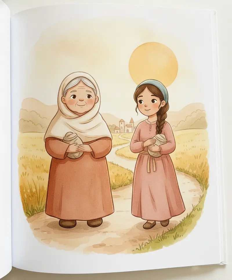 Noemi e Rute caminhando juntas por um caminho dourado em direção a uma cidade distante.
