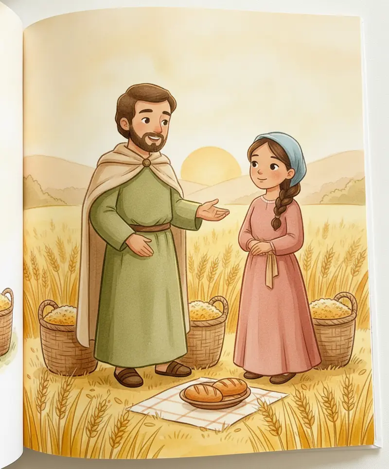 Boaz conversando gentilmente com Rute num campo de trigo, com cestas de grãos e pão por perto.
