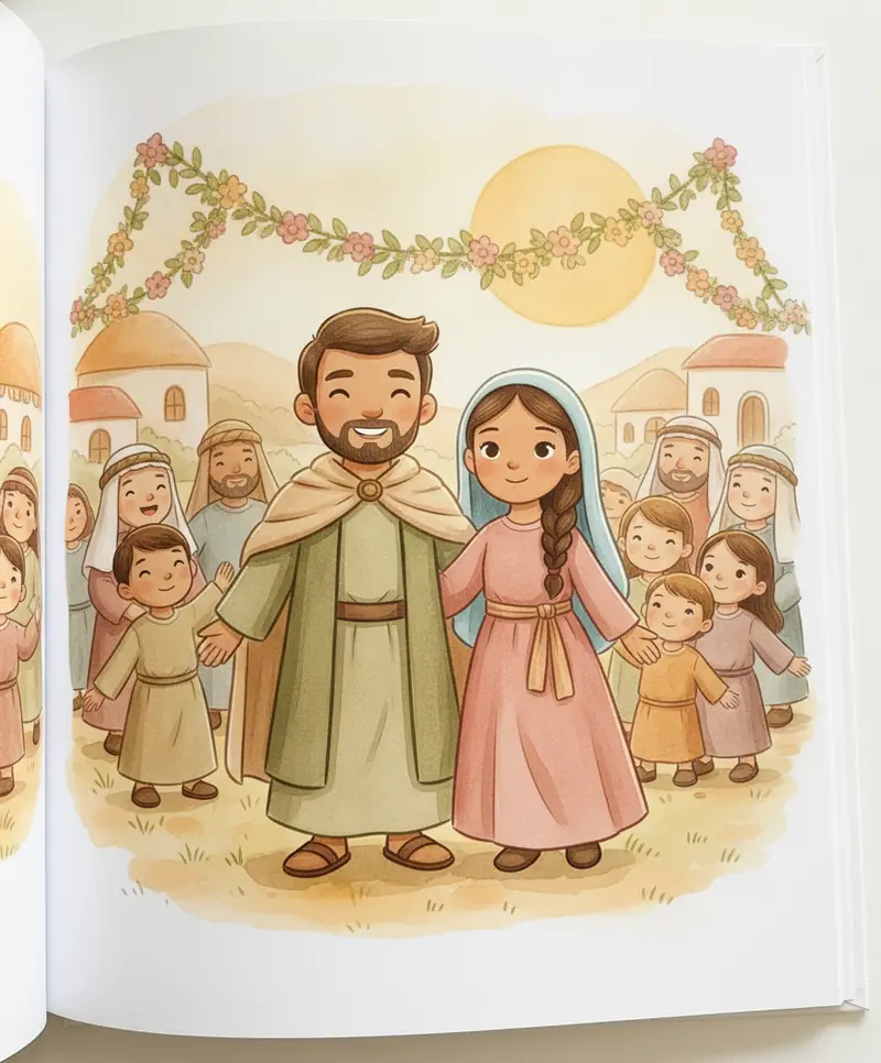 Boaz e Rute felizes numa celebração com pessoas alegres e guirlandas de flores.
