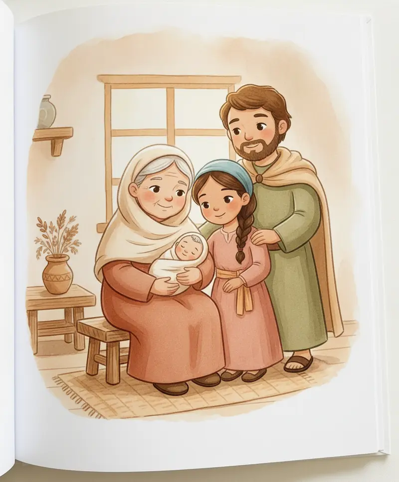 Noemi segurando um bebê no colo, com Rute e Boaz reunidos ao redor num lar aconchegante.