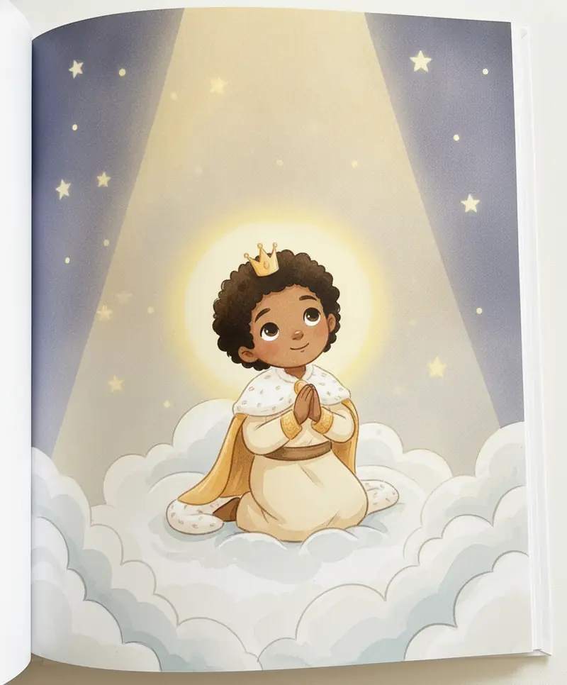 Salomão ajoelhado olha para uma luz dourada e quente vinda do alto.