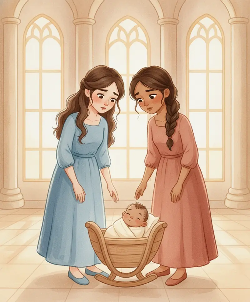 Duas mães tristes diante do palácio, com um bebê enrolado em uma manta por perto.