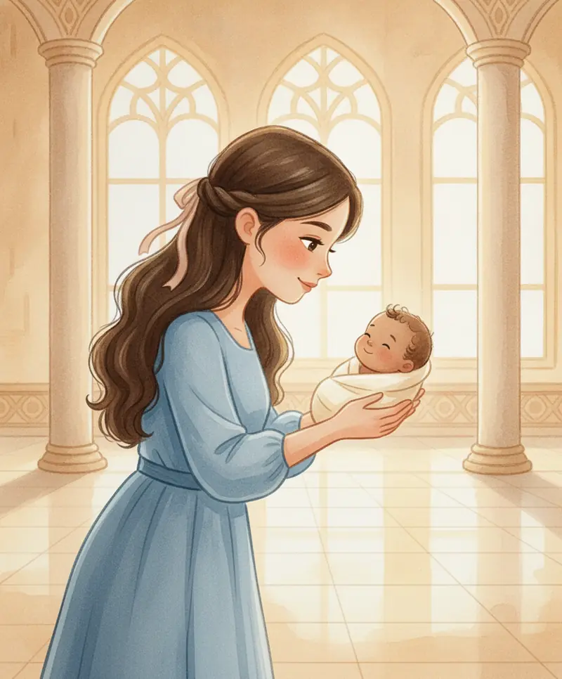 A verdadeira mãe estende as mãos com amor em direção ao bebê.