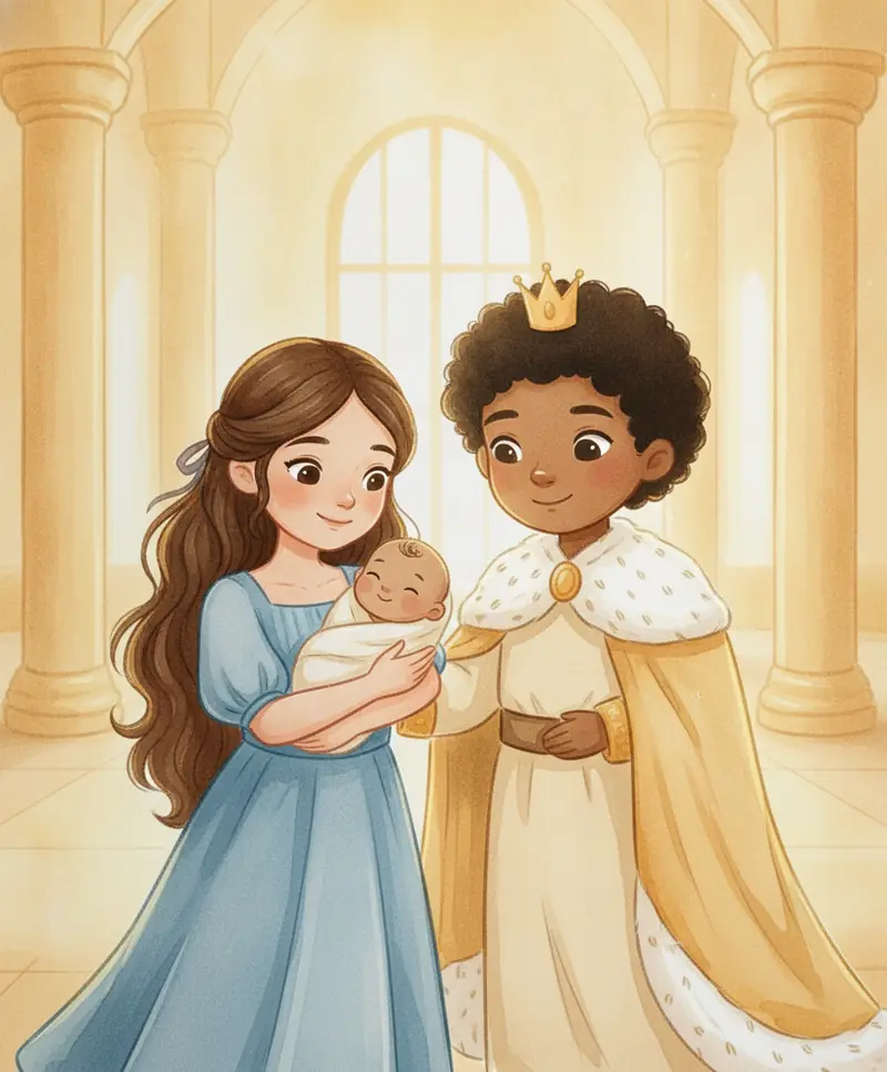 A mãe abraça feliz o bebê enquanto o rei Salomão sorri ao lado.