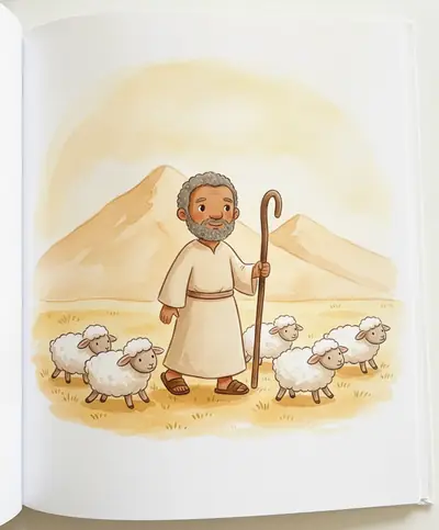 Moisés caminha pelo deserto dourado guiando suas ovelhas perto de uma montanha.