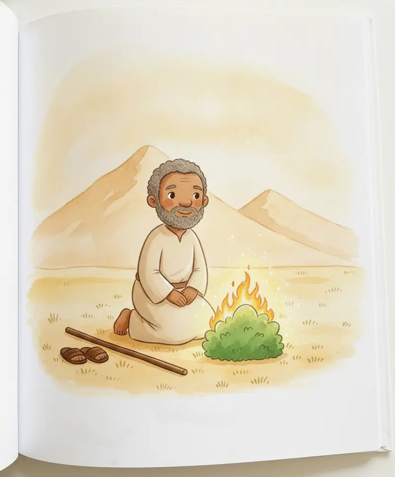 Moisés ajoelhado e sem sandálias diante do arbusto luminoso, com expressão de respeito.