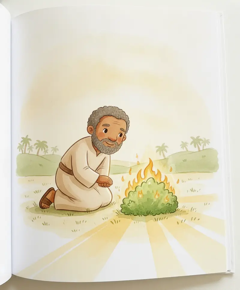 Moisés escuta junto ao arbusto enquanto a luz aponta para uma terra verde ao longe.