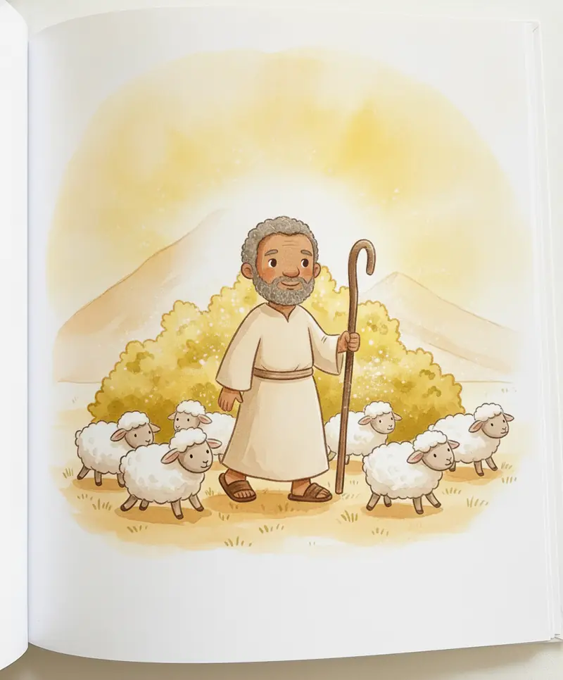 Moisés caminha confiante ao amanhecer com suas ovelhas, deixando o arbusto brilhando atrás.