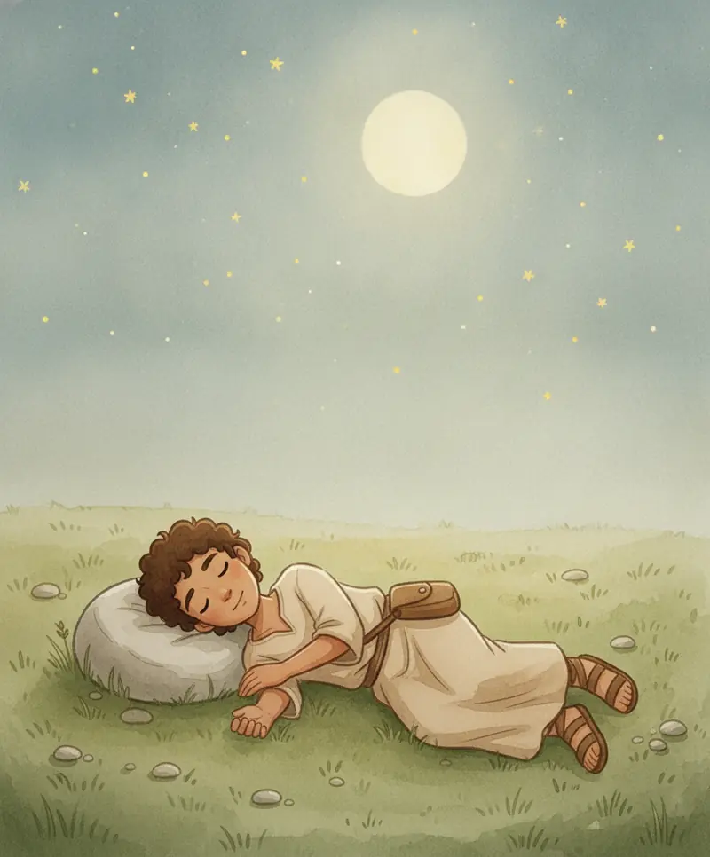 Jacó está deitado num campo tranquilo à noite, com a cabeça sobre uma pedra, sob um céu estrelado.