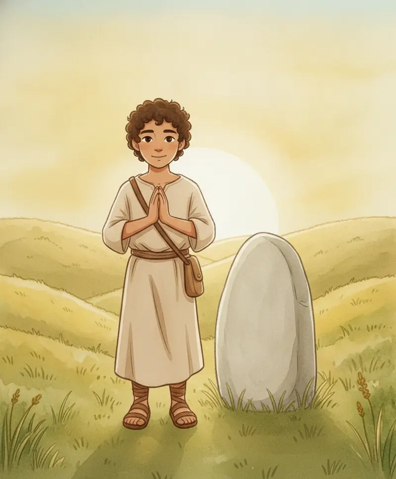 Jacó, grato, fica ao lado de uma pedra que ergueu como sinal, agradecendo a Deus pela manhã.