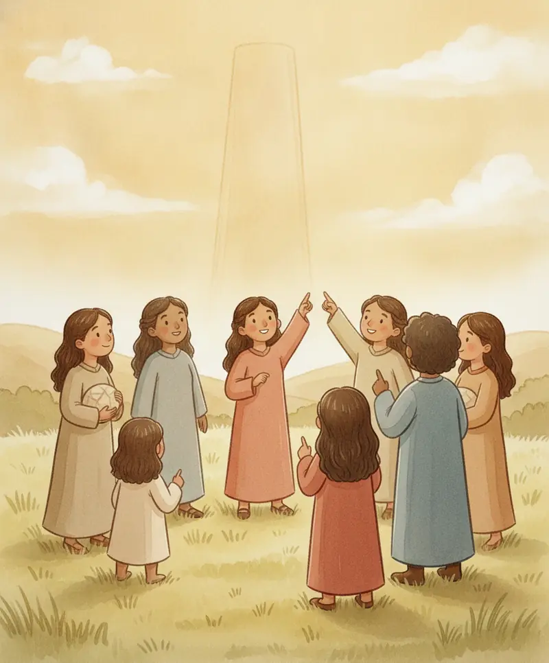 Pessoas reunidas em roda apontam animadas para o céu sonhando com uma torre alta.