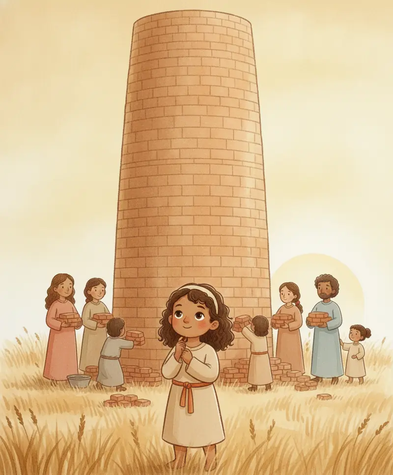 Uma torre de tijolos sobe alta enquanto uma menina observa pensativa em sua base.