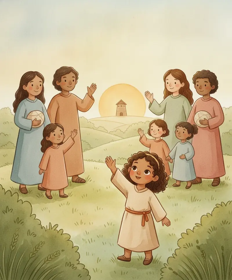Famílias acenam em despedida e partem em direções diferentes por uma paisagem suave.