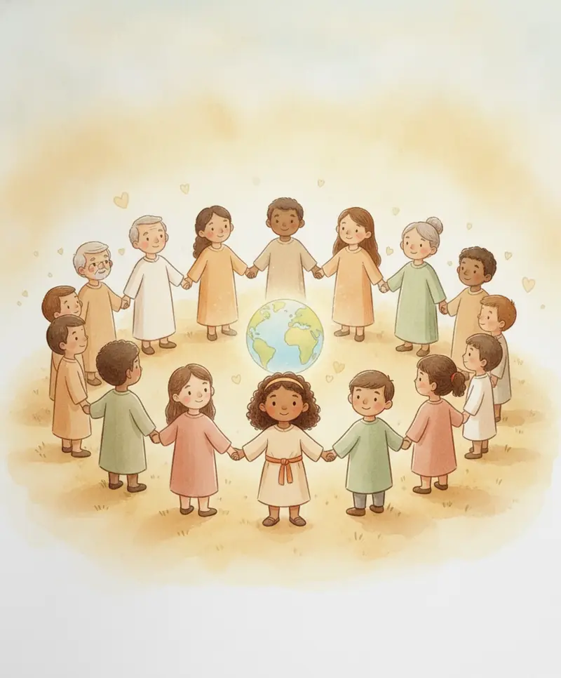 Crianças e famílias diversas dão as mãos em roda ao redor de um pequeno globo da Terra.
