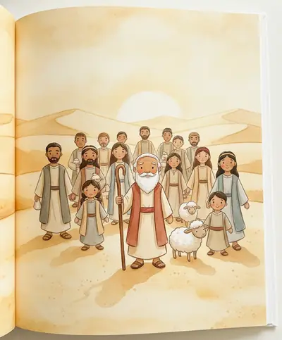 Um grande grupo de pessoas caminha pelo deserto dourado guiado por um homem idoso com cajado.