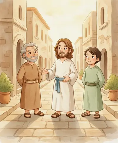 Jesus conversa com dois amigos em uma rua ensolarada de pedra, pedindo que preparem a refeição especial.