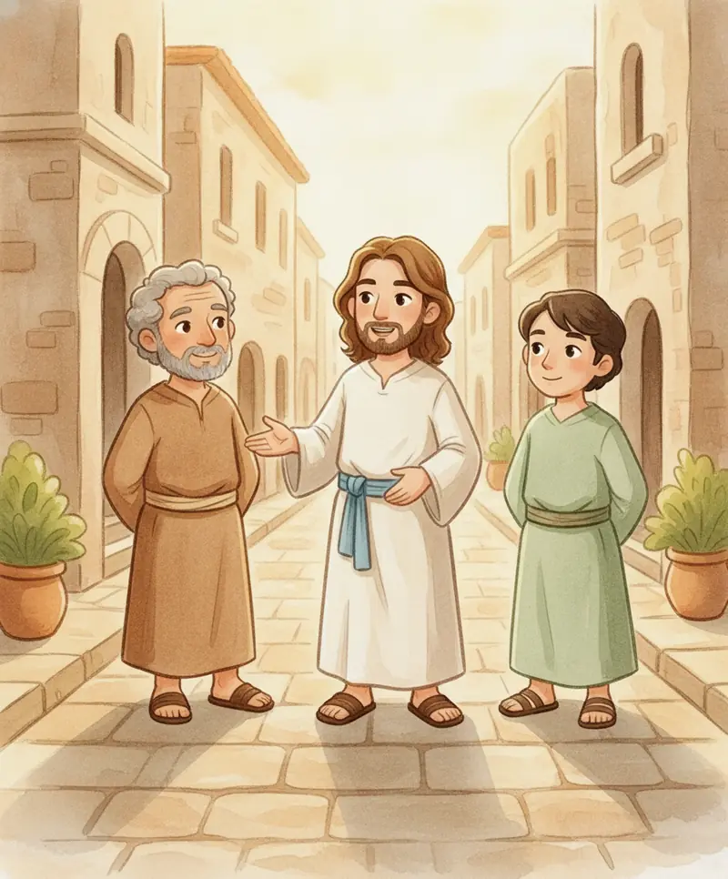 Jesus conversa com dois amigos em uma rua ensolarada de pedra, pedindo que preparem a refeição especial.