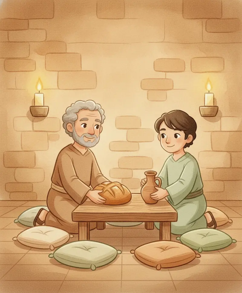 Pedro e João arrumam com cuidado a mesa de madeira com pão e uma jarra em um quarto aconchegante.
