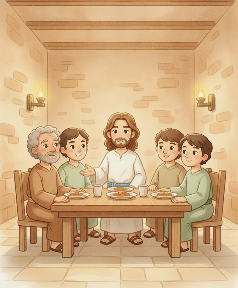 Jesus está sentado à mesa rodeado por seus amigos sorridentes à luz suave das lamparinas.