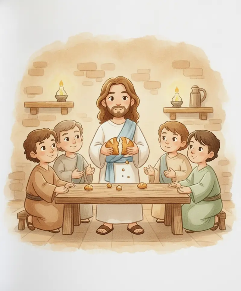 Jesus parte o pão com as mãos e o reparte com seus amigos atentos ao redor da mesa.