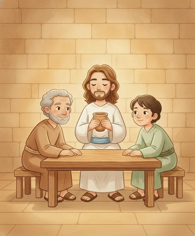 Jesus levanta um cálice de barro e o oferece aos amigos para compartilharem juntos à mesa.