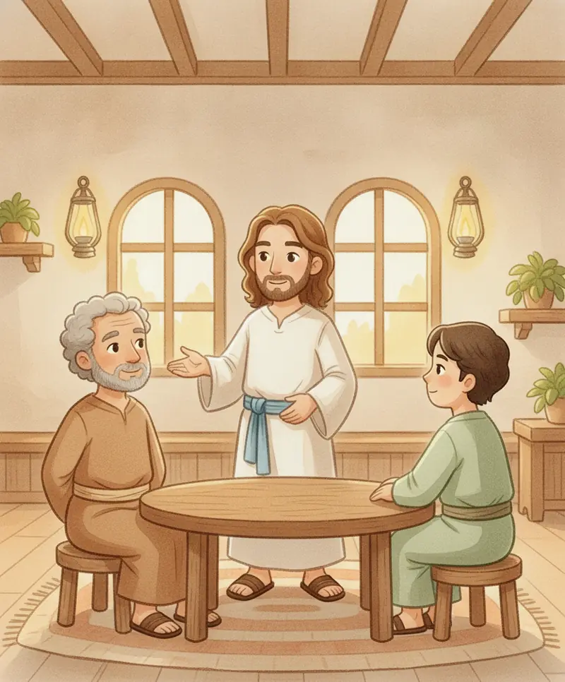 Jesus fala com ternura aos amigos, pedindo que sempre se lembrem dele, enquanto Pedro e João escutam.