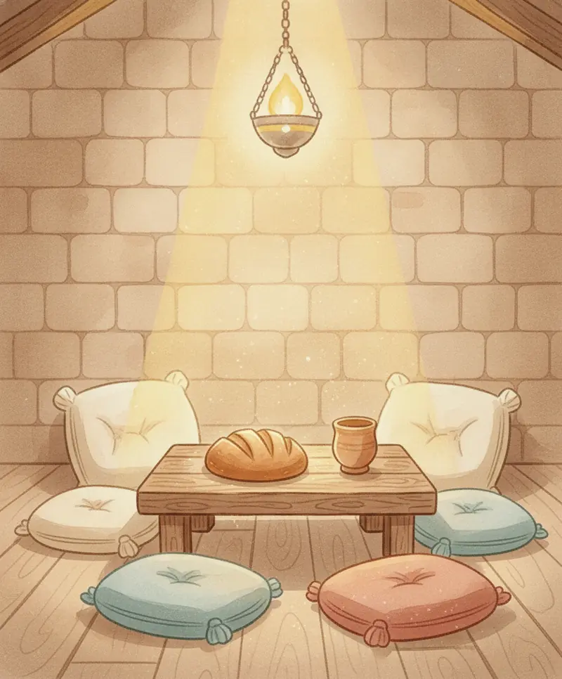A mesa com pão e o cálice brilha sob uma luz dourada e acolhedora no quarto aconchegante à noite.