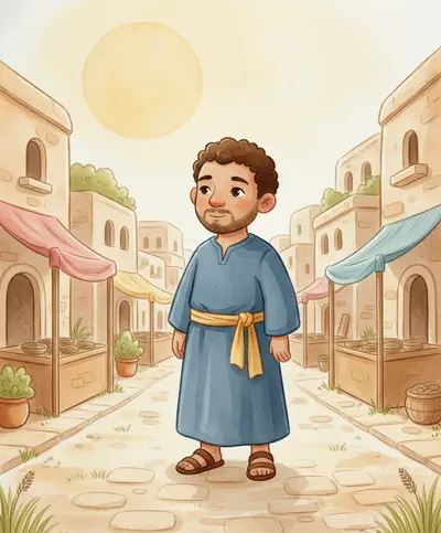 Zaqueu, um homem baixinho de túnica azul, em pé numa rua ensolarada de uma cidade antiga.