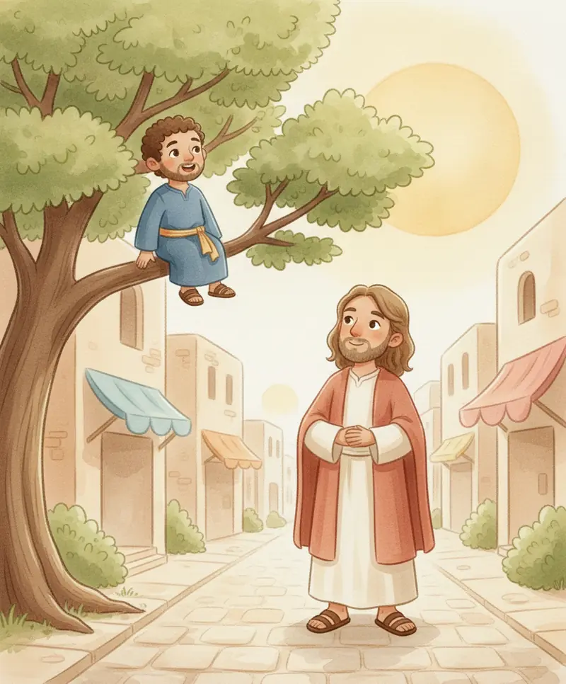 Jesus, sorrindo, olha para cima e chama Zaqueu, que está sentado na árvore.
