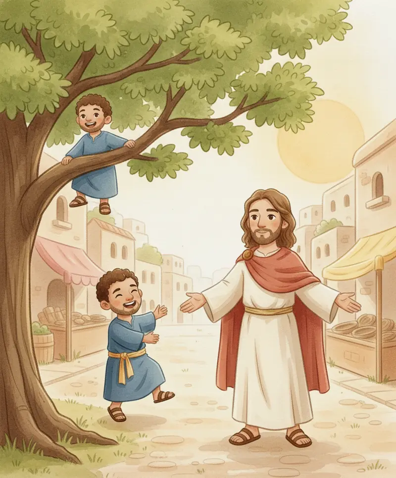 Zaqueu desce da árvore sorrindo e Jesus o espera de braços abertos.