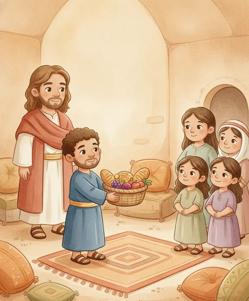 Dentro de casa, Zaqueu reparte uma cesta com vizinhos enquanto Jesus sorri.