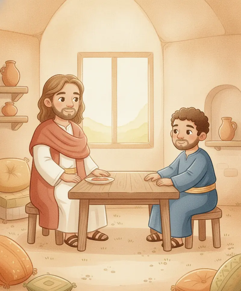 Jesus e Zaqueu sentados juntos à mesa, sorrindo, numa casa cheia de luz dourada.