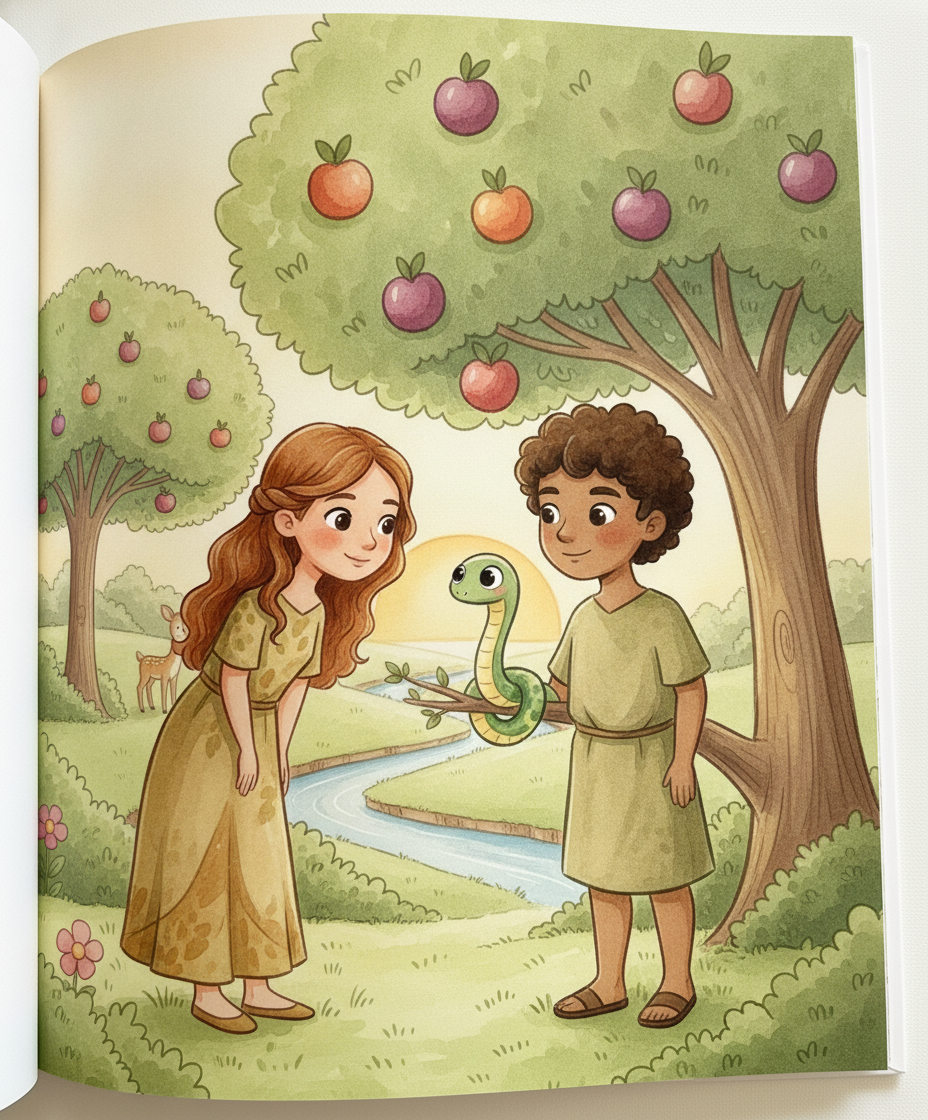Eva conversando com uma serpentinha verde e amigável junto à árvore especial, com Adão ao lado.