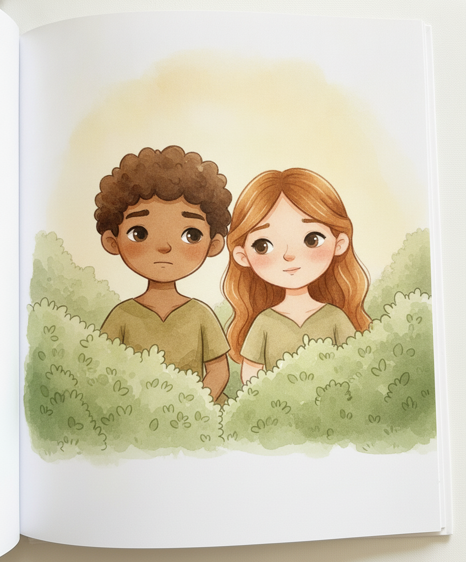 Adão e Eva sentados atrás de arbustos, pensativos, com uma luz dourada de amor chegando até eles.