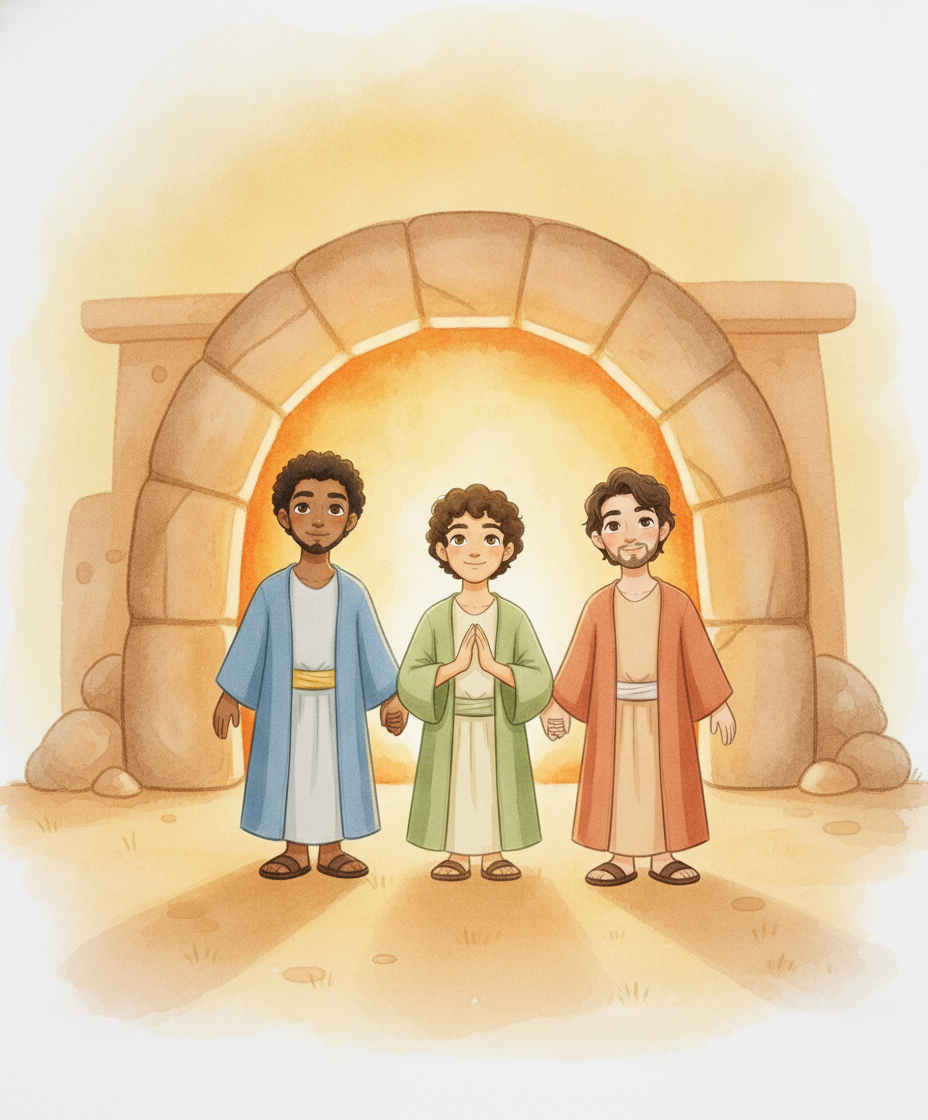 Os três amigos de mãos dadas, calmos, diante de uma grande fornalha com luz dourada suave.