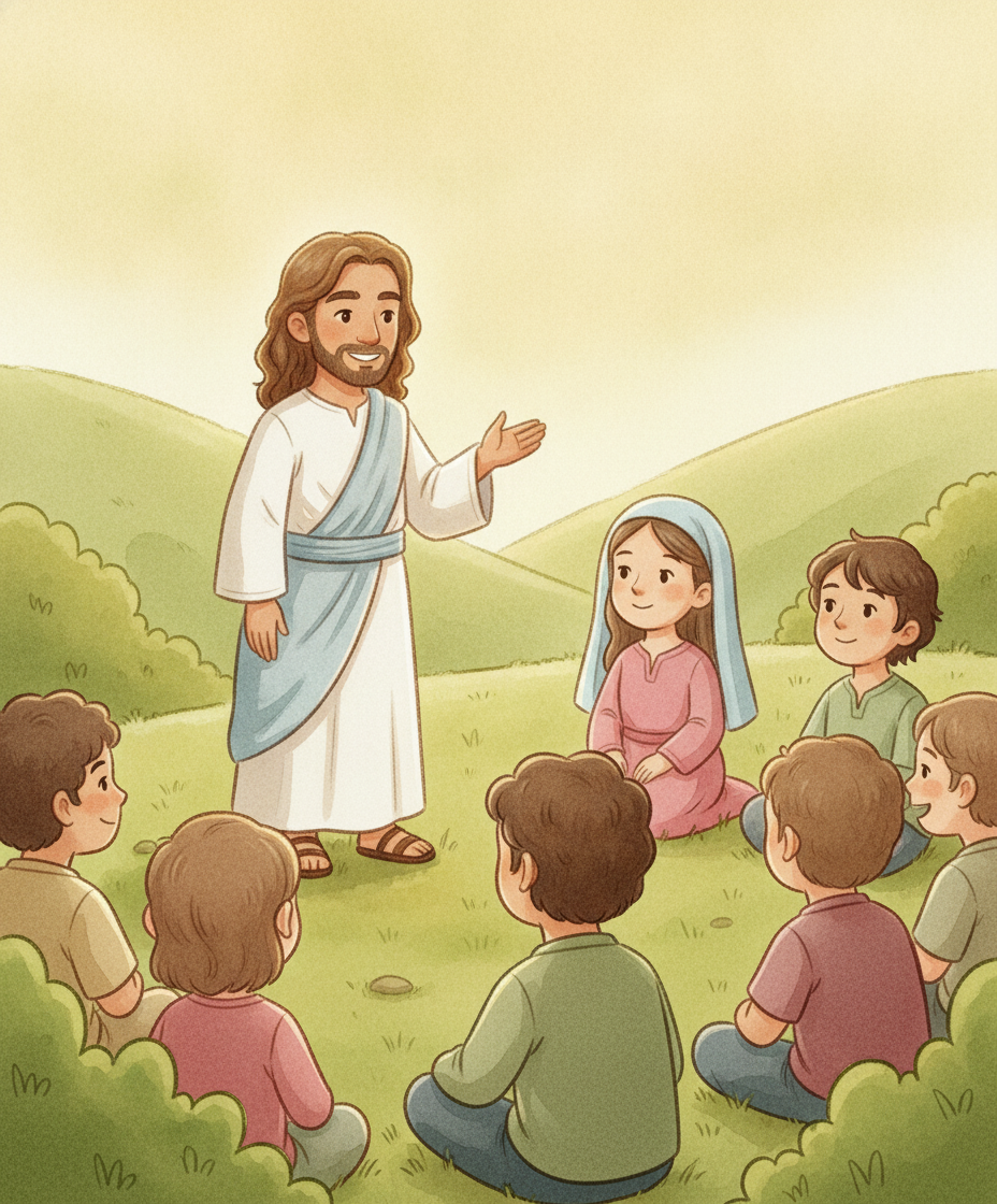 Jesus em pé ensinando seus amigos sentados na grama de uma colina verde.
