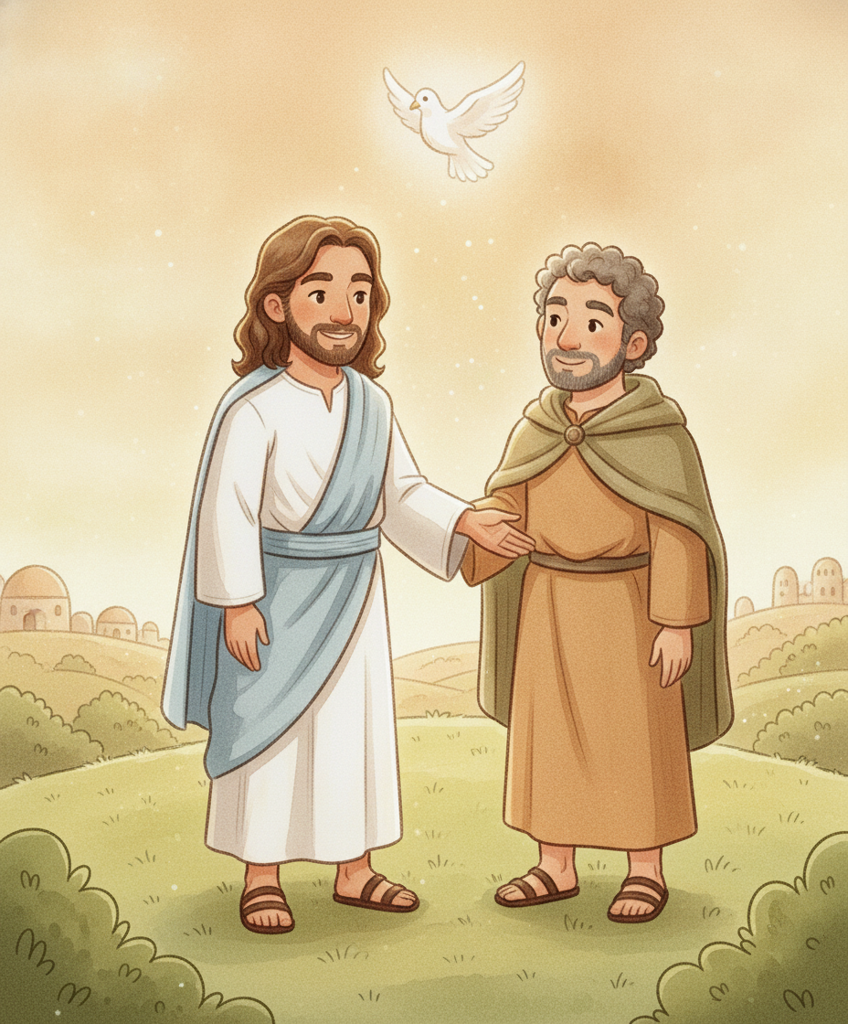 Jesus fazendo uma promessa a seus amigos enquanto uma pomba de luz paira no céu.