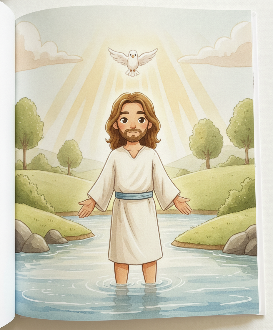 Jesus, banhado de luz dourada com a pomba acima, enquanto o céu parece sorrir de alegria.