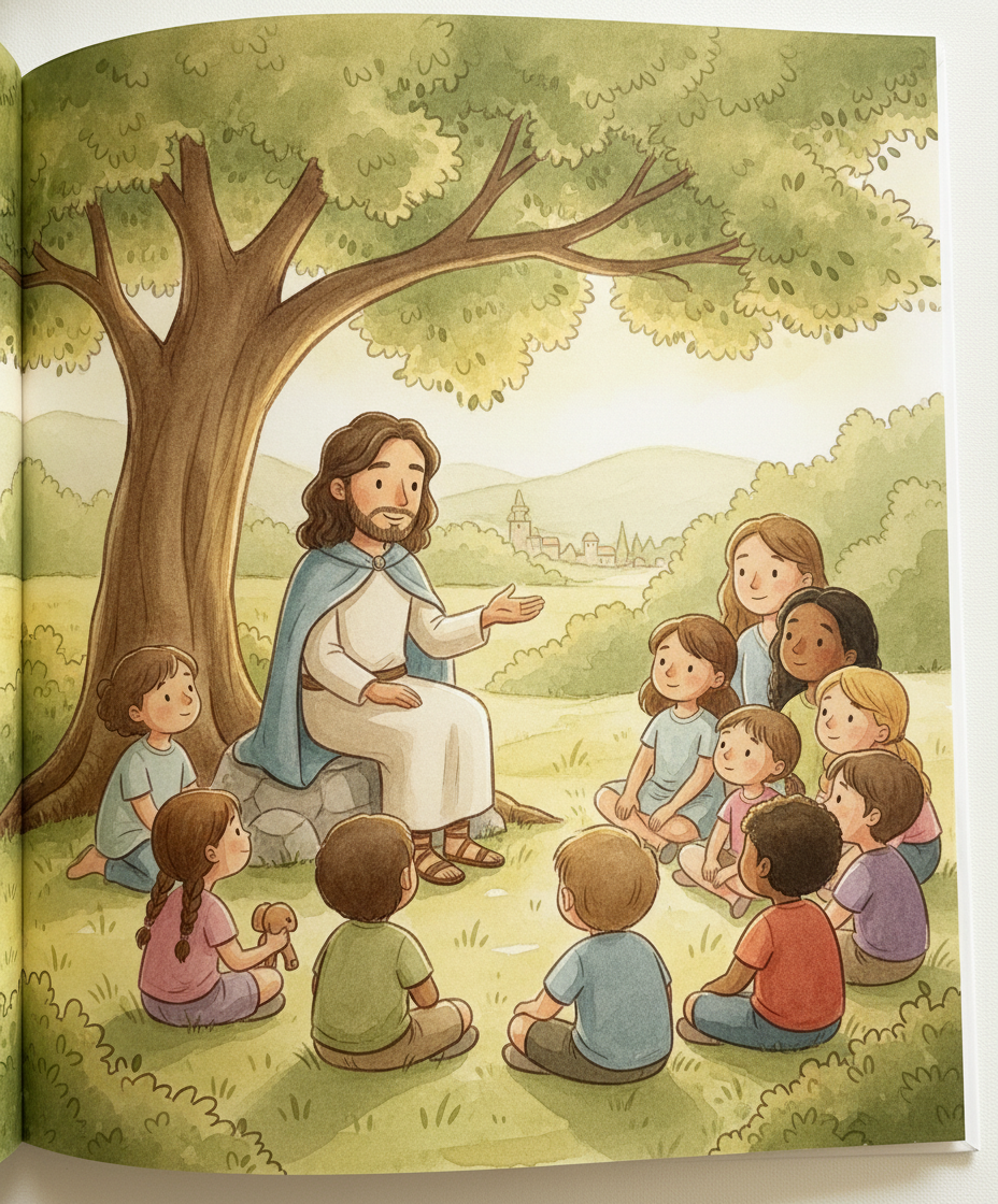 Jesus sentado embaixo de uma árvore contando uma história para crianças e adultos atentos.