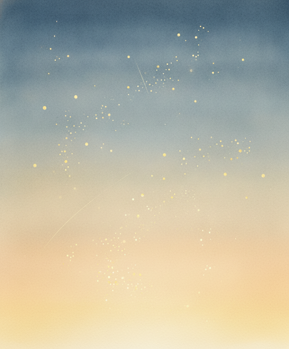Um céu azul-escuro e tranquilo com pequenas estrelas suaves, antes do mundo começar.