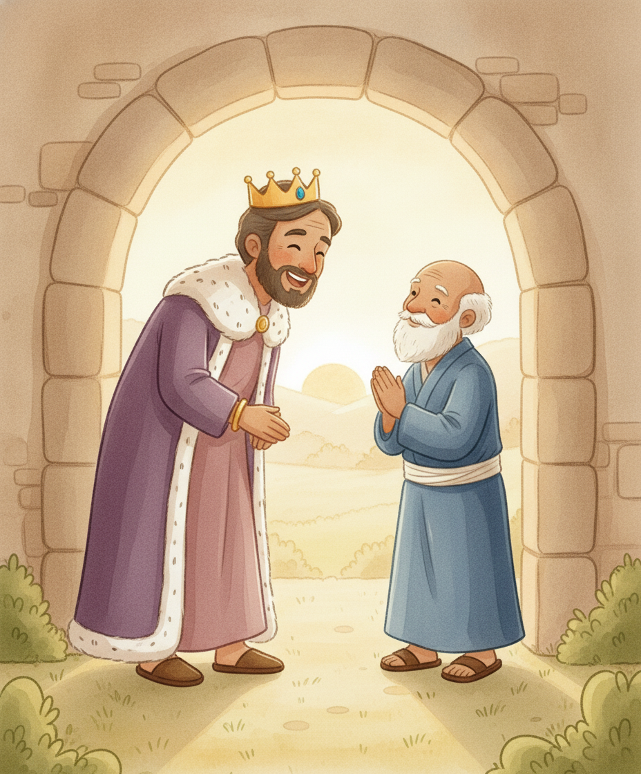 O rei Dario, sorridente ao amanhecer, encontra Daniel são e salvo na entrada da cova.