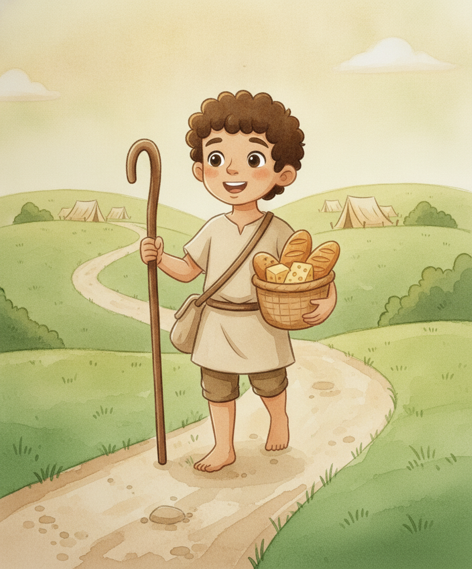 Davi caminha por um caminho levando uma cesta com pães e queijos para os irmãos.