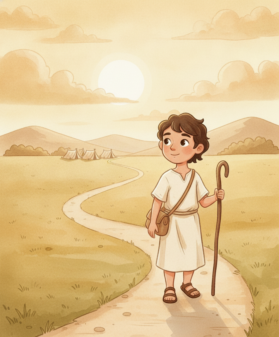 Jacó caminhando sozinho por um caminho ao entardecer, olhando para trás em direção às tendas.