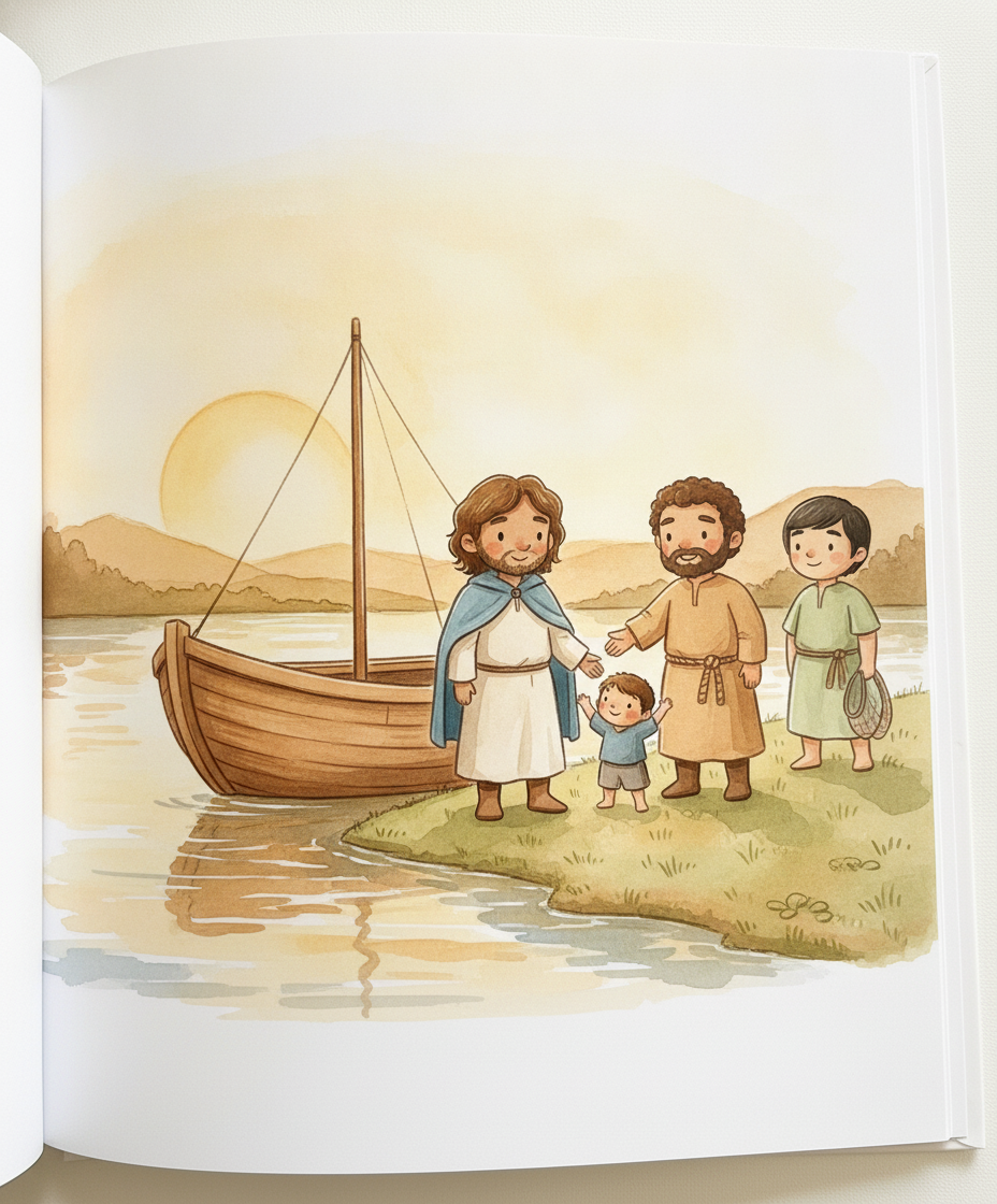 Jesus e seus amigos pescadores entrando juntos num pequeno barco de madeira à beira do mar ao entardecer.