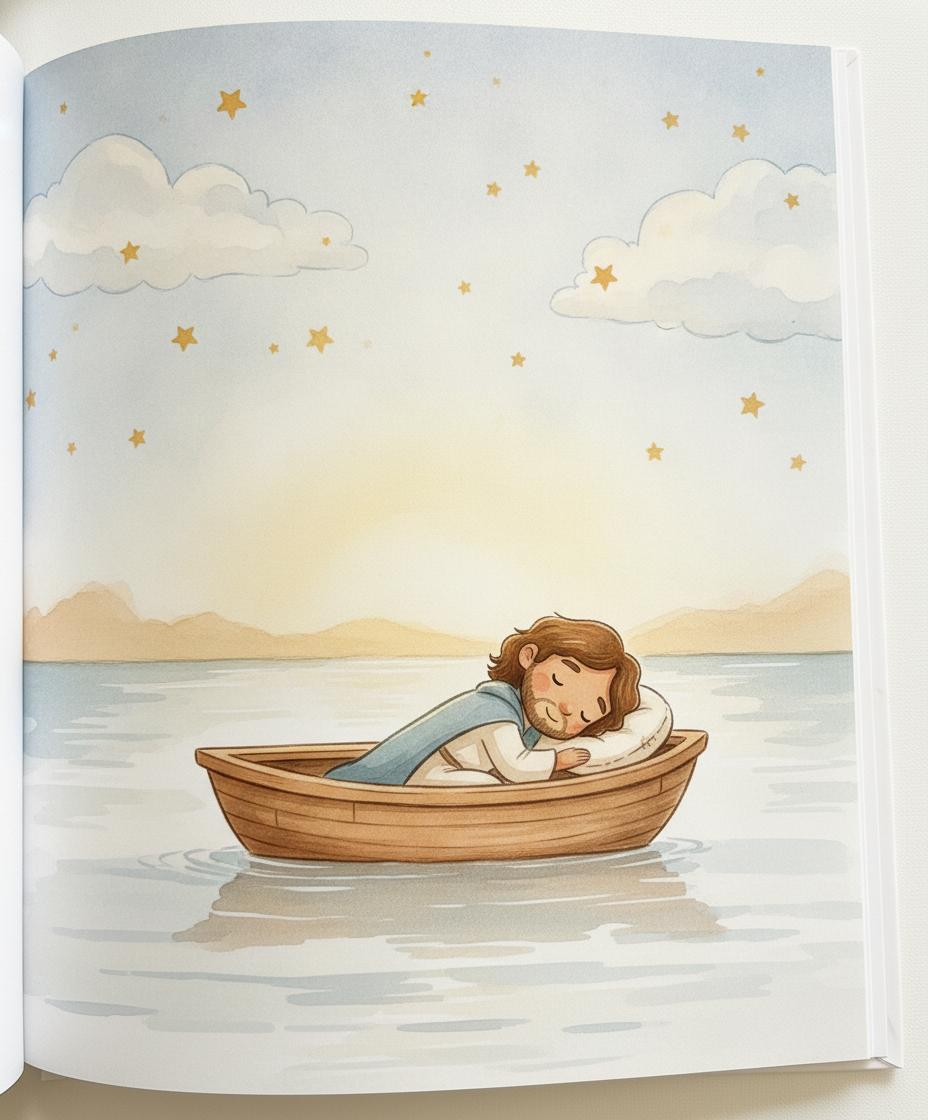 Jesus dormindo tranquilamente sobre um travesseiro na parte de trás do barco em águas calmas à noite.