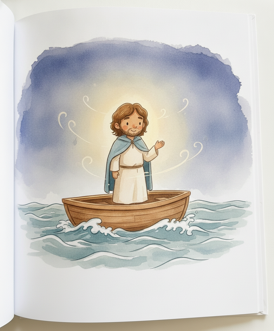 Jesus de pé no barco, com a mão erguida em paz, falando para o vento e as ondas se acalmarem.
