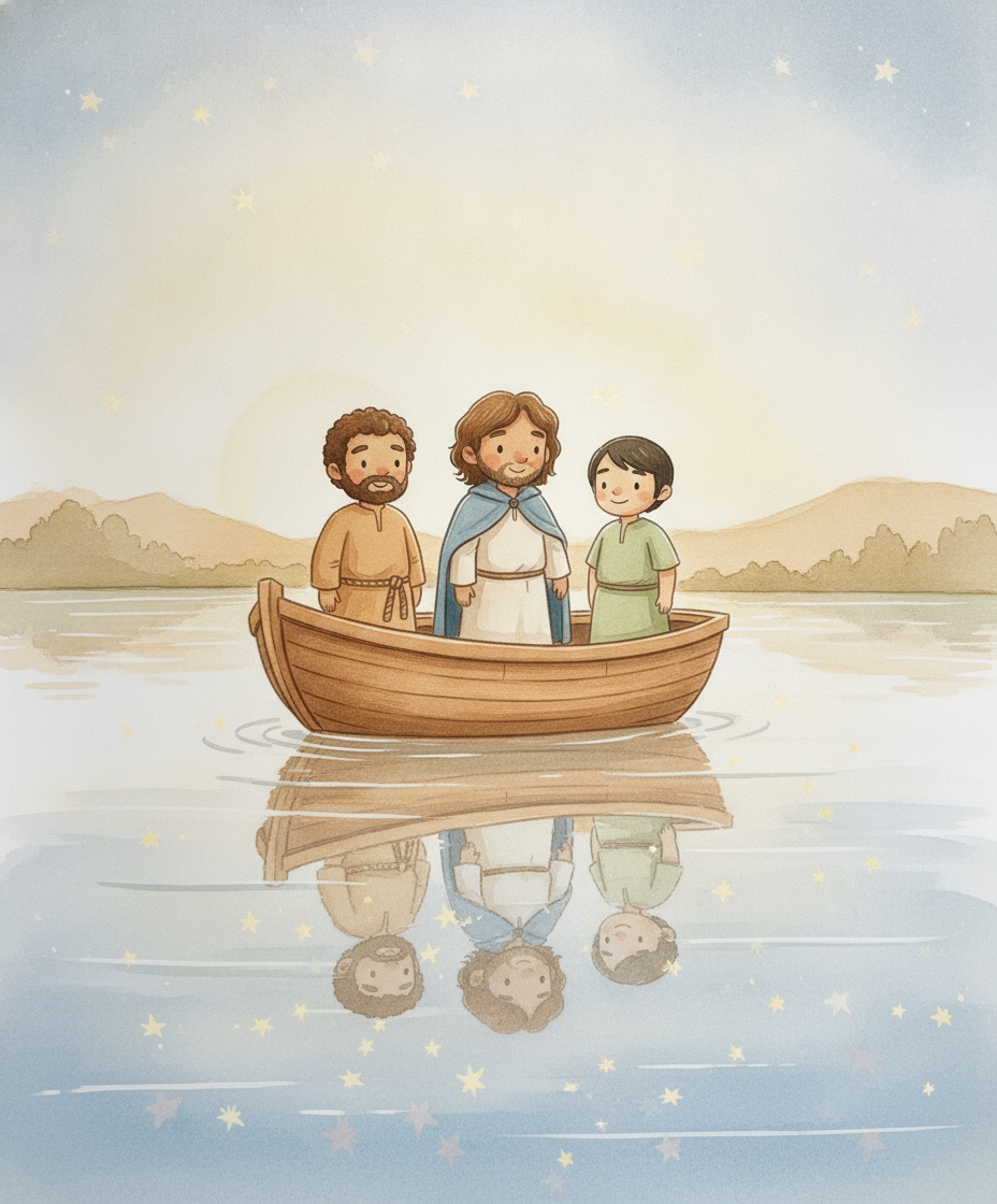 O mar completamente calmo e liso enquanto os amigos olham maravilhados ao redor do barco.