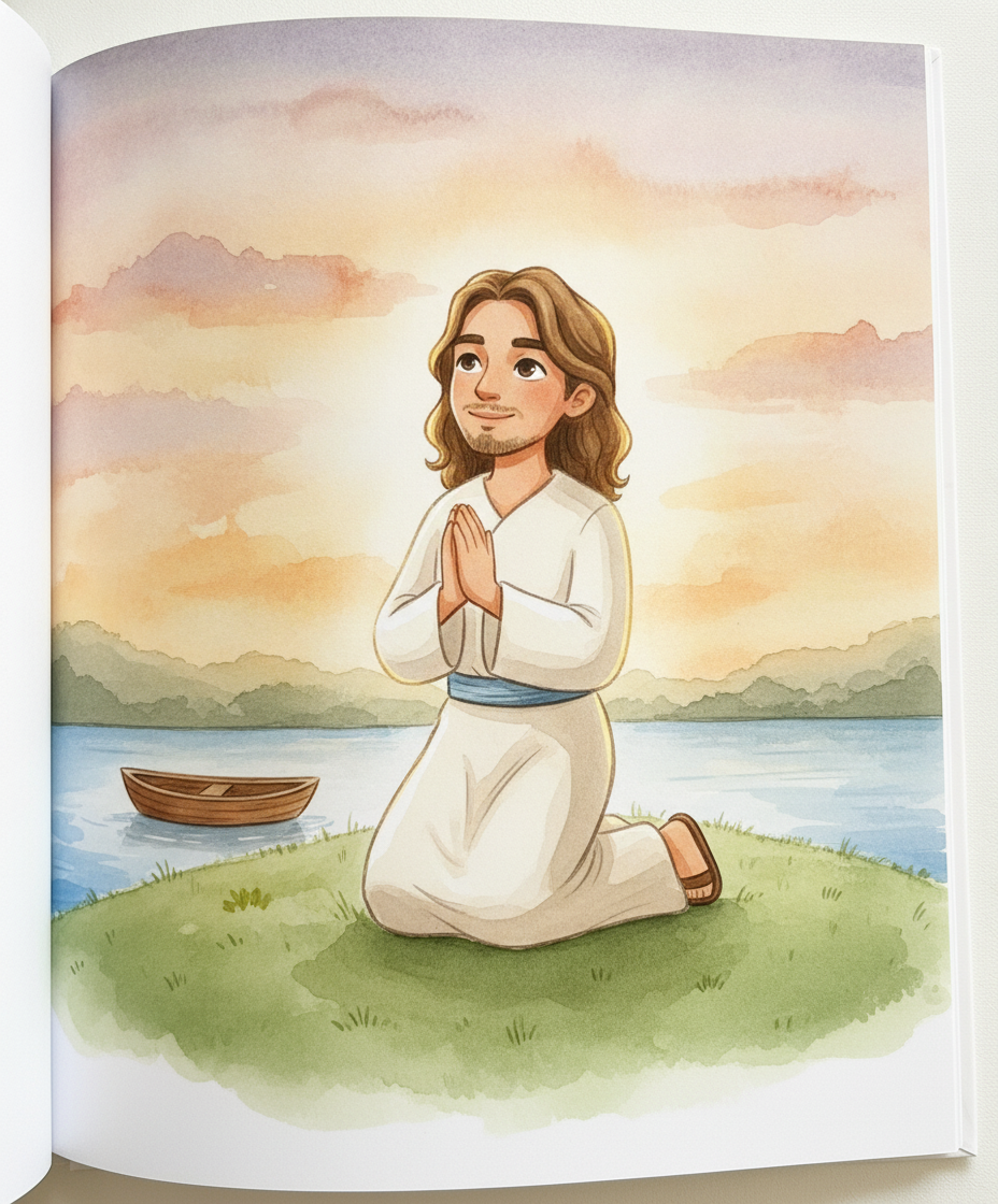 Jesus ajoelhado em uma colina verde, orando ao pôr do sol, com um lago azul ao fundo.