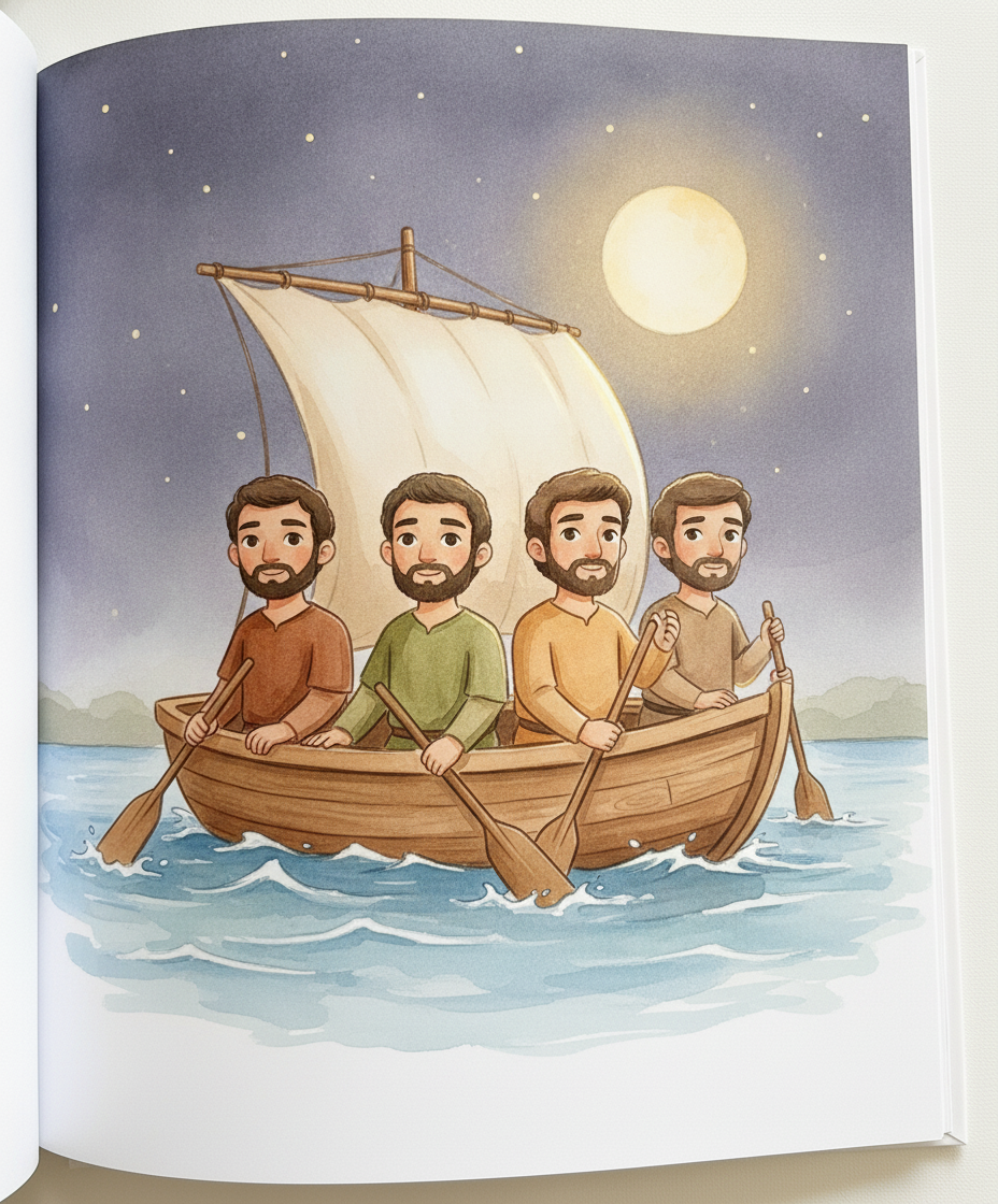 Os amigos de Jesus dentro de um barquinho de madeira sobre o lago com ondas suaves à noite.